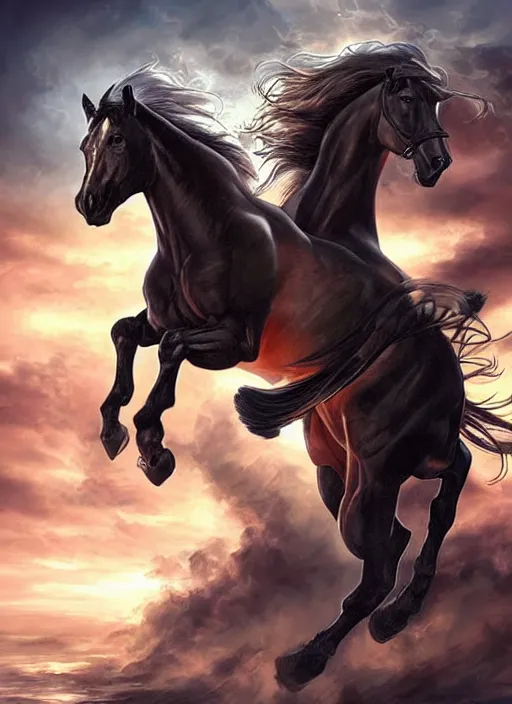 Image similar to the singular horseman of the apocalypse is riding a strong fierce ferocious black stallion, horse is up on its hind legs, the strong male rider is carrying the scales of justice, beautiful artwork by artgerm and rutkowski, breathtaking, beautifully lit, dramatic