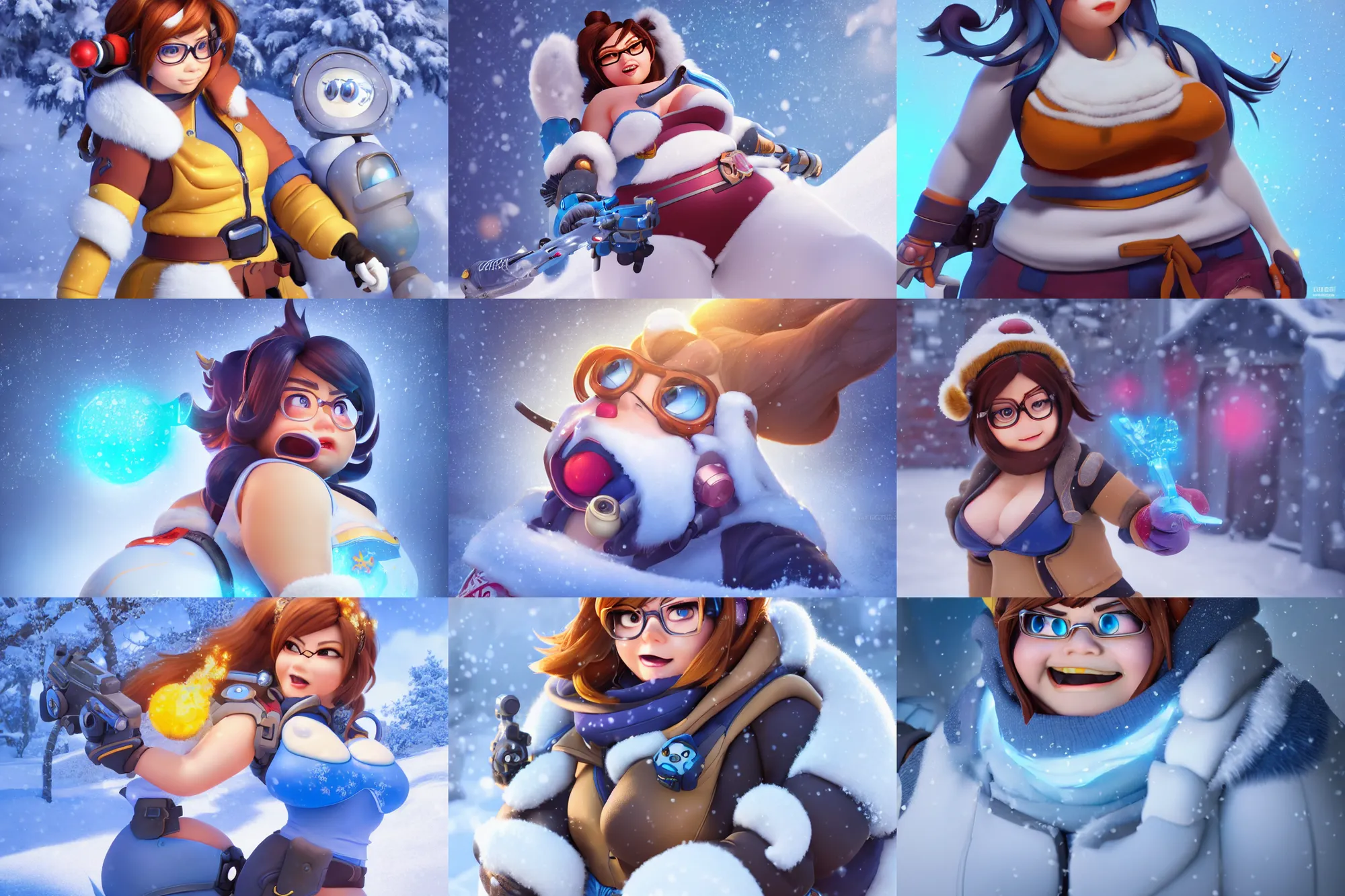 Image similar to hyperdetailed mei from overwatch as a disney pixar character, hd texture, beautiful 3D render, 8k, octane render, soft lighting, hyperrealistic, in the snow, sharp focus, golden hour, specularity, Mei-Ling Zhou