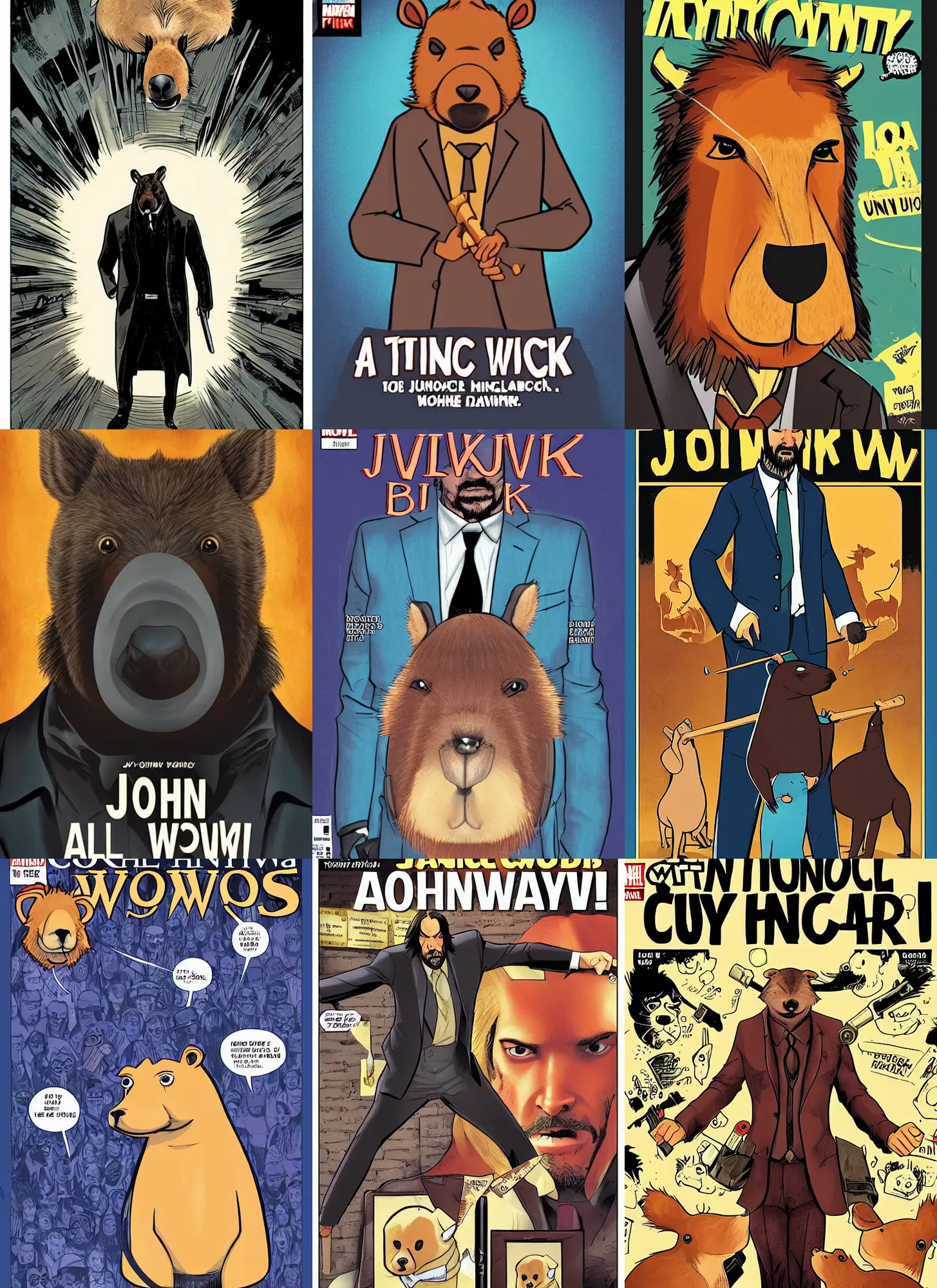 Prompt: comic book cover of an anthropomorphic capybara as john wick