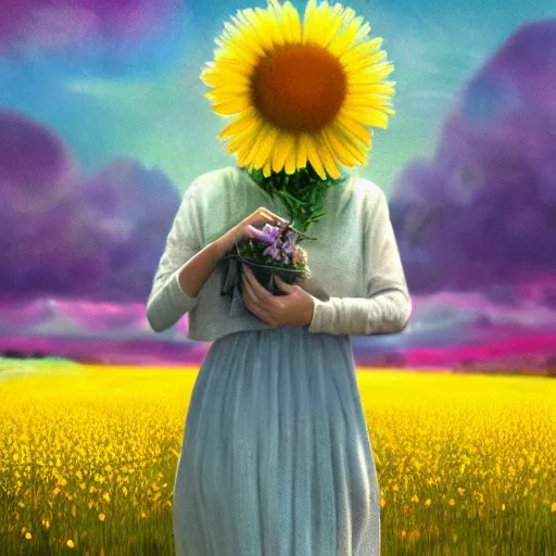 Image similar to daisy flower as a face, girl walking in flower field, holding daisy, surreal photography, sunrise, impressionist painting, colorful clouds, digital painting, artstation, simon stalenhag, flower face