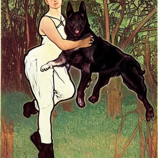 Image similar to an entirely black german shepherd mix dog with pointed ears and a tiny white tail tip jumping in a park by alphonse mucha