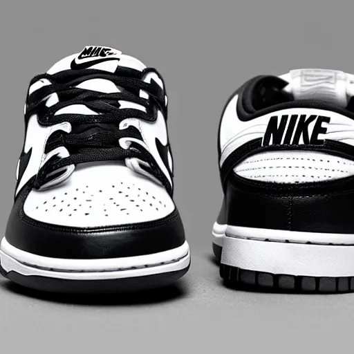 Prompt: a pair of nike dunk low panda photograph