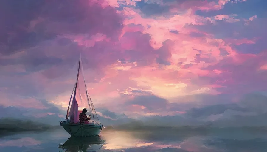 Image similar to a garden gnome sails across a pond in a bucket, dramatic pink clouds, blue sky, jessica rossier, art station