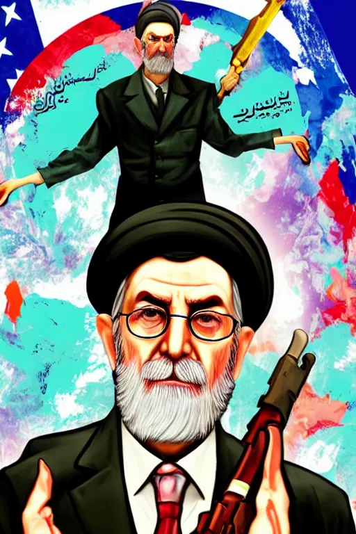 Image similar to khamenei, with quotes : destroy destroy america, pointing index finger, delete duplicating content, hyperrealistic anatomy content, violet polsangi pop art, gta chinatown wars art style, extreme quality masterpiece, bioshock infinite art style, incrinate, 2 color, white frame, content balance proportion