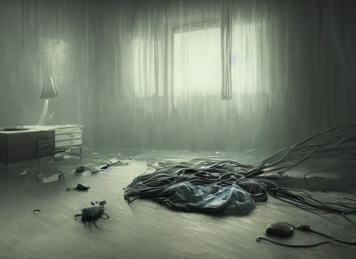 Image similar to rgb, sadness, bedroom full of water, sadness, cinematic, movie scene, inspired by zdzislaw beksinski, clothes made out of veins,, cables everywhere, bedroom, ultra realistic, concept art, intricate details, highly detailed, photorealistic, octane render, 8 k