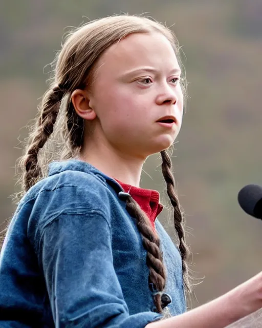 Prompt: film still close - up shot of greta thunberg giving a speech from the movie brokeback mountain. photographic, photography