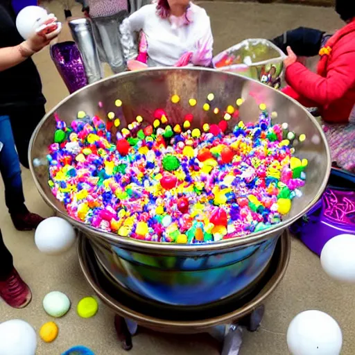 Prompt: A candy-maker melts down her creations in a cauldron that is made up of different types of sweets. It looks like an old-fashioned cauldron made out of sugar, candy, gumdrops, and other sweet treats. In the center, there is a large crystal ball floating above it with various kinds of candies on top of it. The candies move around the ball. A small hole at the bottom lets steam escape from the cauldron.