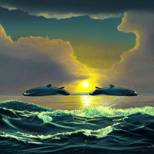 Image similar to a terrifying orca tapdances off the coast of a small fishing village, pads of waves as the sun sets, the fishing village off in the horizon, digital art