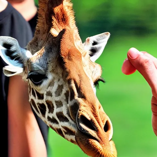 Prompt: human holds giraffe on his palm. photography