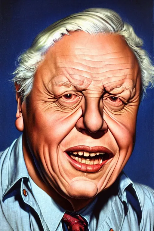 Image similar to david attenborough by gil elvgren and norman rockwell and rob gonsalves and hajime sorayama, hyperrealistic, high detail, ultra detailed, highly detailed face, ruffled fabric