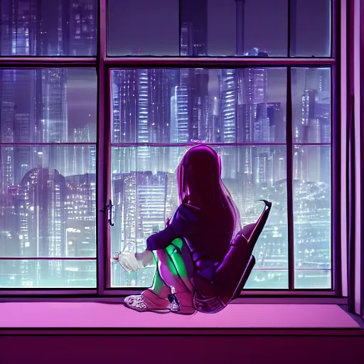 Prompt: sad girl sitting by the window looking towards a cyberpunk city, accurate features, focus, very intricate ultrafine details, masterpiece, 8 k hd, realistic shaded lighting, detailed render, detailed backgrounds, epic composition, soft neon lights, rain