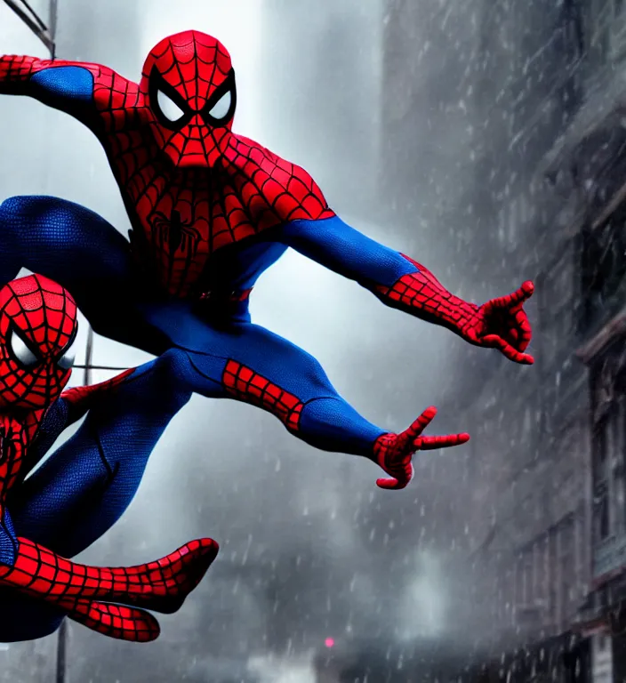 Image similar to cinematic of tobey maguire as spiderman, dramatic rain, 8 k