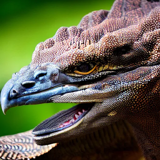 Image similar to hawk and Komodo dragon hybrid animal, highly detailed photography, picture taken at zoo