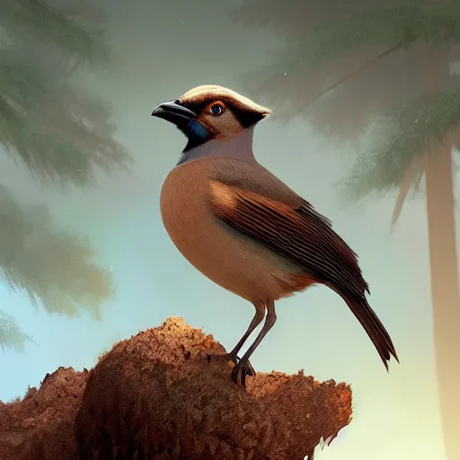 Image similar to brown jay bird, garrulus glandarius, arrendajo in avila pinewood, 4 k, concept art, by wlop, ilya kuvshinov, artgerm, krenz cushart, greg rutkowski, pixiv. cinematic dramatic atmosphere, sharp focus, volumetric lighting, cinematic lighting, studio quality