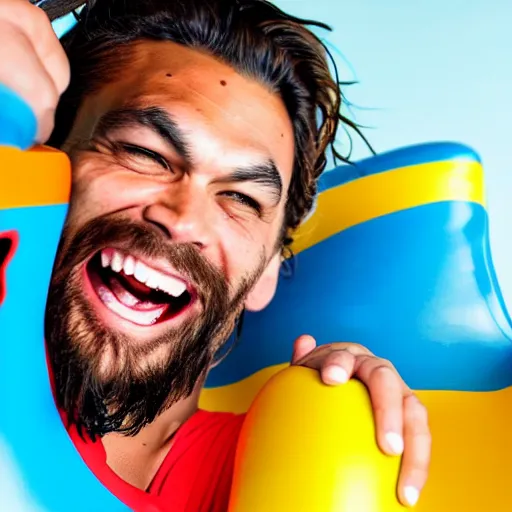 Prompt: A still of a happy, excited Jason Momoa playing on a children's toy slide in a toy commercial, 4k resolution, hyperdetailed, studio lighting