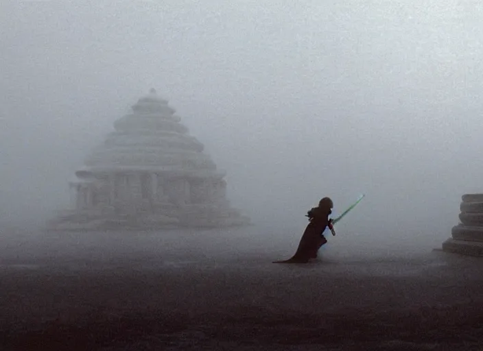 Prompt: epic still of Luke Skywalker using lightsaber against white robe female sith lord in foggy environment, approaching an ancient temple in the distance, iconic scene from the 1980s film directed by Stanley Kubrick, cinematic lighting, kodak film stock, strange, hyper real, stunning moody cinematography, with anamorphic lenses, crisp, detailed portrait, 4k image