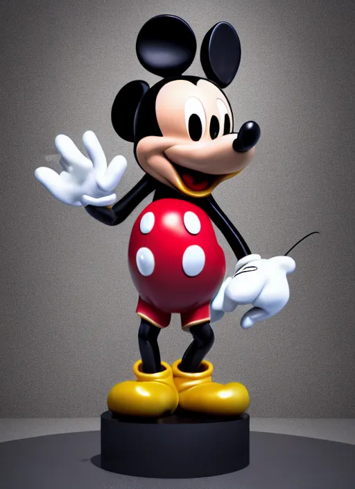 Prompt: stylized shiny latex rubber leather statue full body made of marble of disney character mickey mouse, perfect symmetrical body, perfect symmetrical face, hyper realistic, hyper detailed, by johannen voss, by michelangelo, octane render, blender, 8 k, displayed in pure white studio room