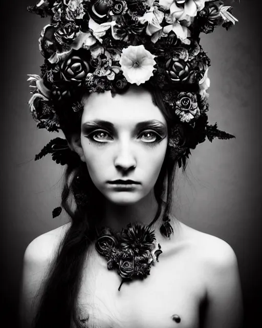 Image similar to a black and white high quality dreamy photo of a young beautiful female queen-pale dragon-vegetal-many big steampunk flowers-cyborg bust with a very long neck, elegant, highly detailed, poetic, soft, dreamy, mysterious, high fashion, rim light, in the style of Diane Arbus, Realistic, Refined, Digital Art, Highly Detailed, Cinematic Lighting, rim light, black and white, photo-realistic, 8K