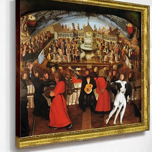 Image similar to The Beatles playing in the Globe Theatre, Renaissance art oil painting,