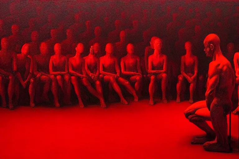 Image similar to only with red, crowd screaming, an exposed painting in a roman theater, in the style of beksinski, parts by edward hopper, parts by rodcenko, parts by yue minjun, intricate and epic composition, red by caravaggio, insanely quality, highly detailed, masterpiece, red light, artstation, 4 k