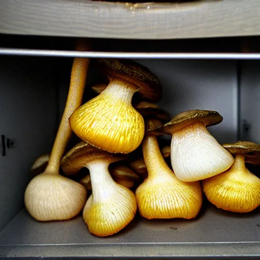 Image similar to realistic photo of golden teacher mushrooms growing inside a closet