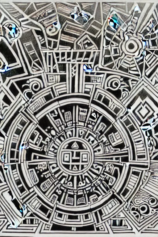 Image similar to a black and white drawing of an ancient future mayan temple mandala cityscape, a detailed mixed media collage by hiroki tsukuda and eduardo paolozzi and moebius, intricate linework, sketchbook psychedelic doodle comic drawing, geometric, street art, polycount, deconstructivism, matte drawing, academic art, constructivism