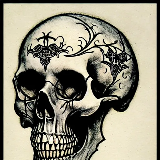 Image similar to memento mori by arthur rackham, detailed, art nouveau, gothic, ornately ornamented beautiful skull, intricately carved antique bone, skulls, botanicals, horizontal symmetry