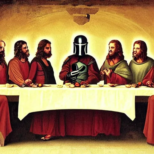 Image similar to renaissance mandalorian at the last supper