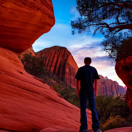 Image similar to award winning cinematic still of teenager boy praying in zion national park, rock formations, colorful sunset, epic, cinematic lighting, dramatic angle, heartwarming drama directed by Steven Spielberg