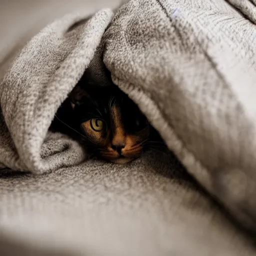 Image similar to a sadcat laying under a blanket, canon eos r 3, f / 1. 4, iso 2 0 0, 1 / 1 6 0 s, 8 k, raw, unedited, symmetrical balance, in - frame