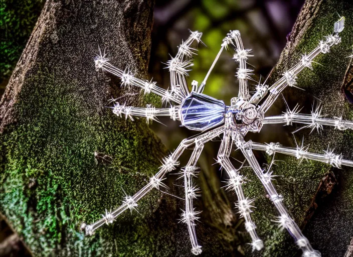 Image similar to photo of a crystal of a crystal mechanical spider in the forest. Fantasy magic style. Highly detailed 8k. Intricate. Nikon d850 55mm. Award winning photography.