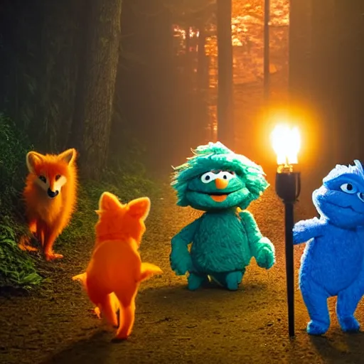 Image similar to a large orange fox kitsune two tailed muppet wearing a hooded cloak holding a lit torch and herding a bunch of random muppet animals following behind through a dark foreboding misty blue forest at night, sesame street, photograph, photography, ultrarealistic, national geographic