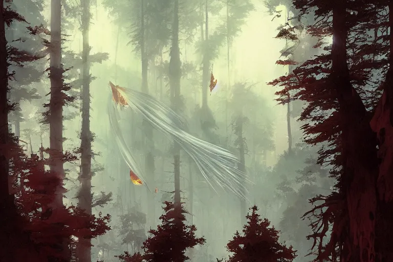 Image similar to huge red giant japanese fishes are flying betweeb the tall trees of a deep Bavarian forest at night. Looking up view, dramatic perspective.misty, mood. art by Greg Rutkowski and Craig Mullins and Alphonse Mucha and Moebius and Roger Deakins