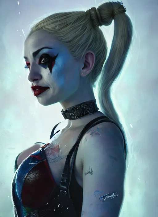 Image similar to highly detailed portrait of a beautiful harley quinn, in batman : arkham asylum, stephen bliss, 8 k, unreal engine, fantasy art by greg rutkowski, loish, rhads, ferdinand knab, makoto shinkai and lois van baarle, ilya kuvshinov, rossdraws, tom bagshaw, global illumination, radiant light, detailed and intricate environment