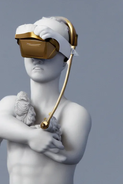 Prompt: cinematic close up portrait of Cupid wearing a golden Oculus VR headset on his face. Centered, uncut, unzoom, ultra realistic, zenith view, polished white marble, unreal engine, ray tracing, hd, 4k, Dslr, tiltshift, dof. 64megapixel.