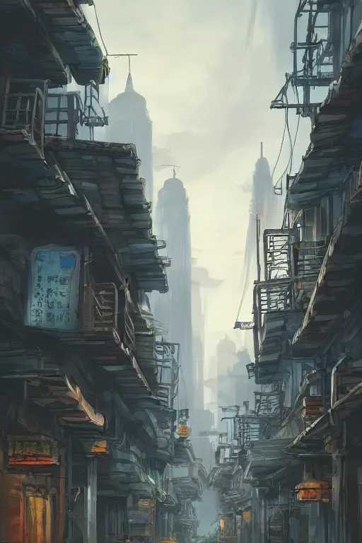 Image similar to backlane alley with kuala lumpur twin towers in the background, evening, highly detailed matte painting, studio ghibli, artstation