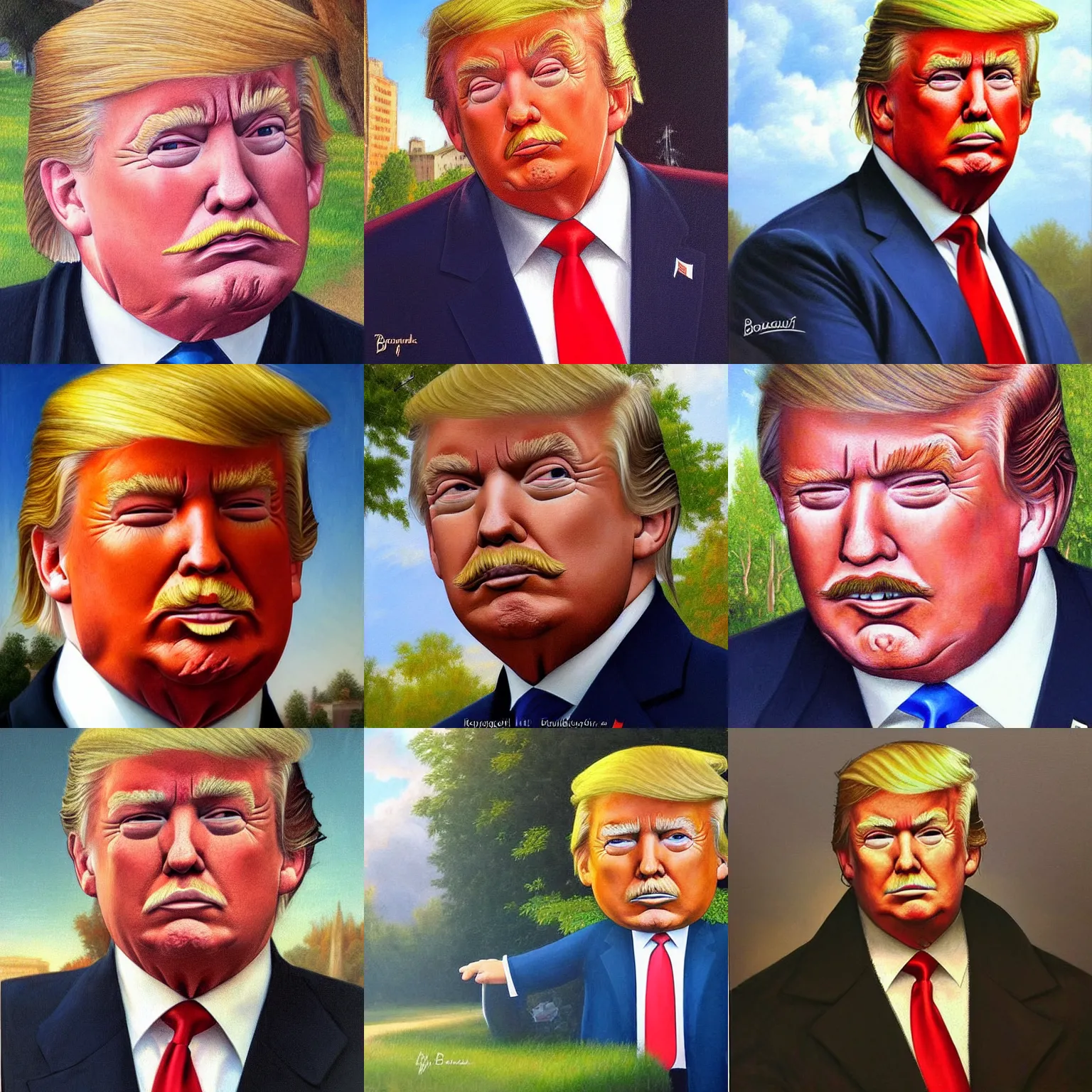 Prompt: portrait of donald trump!!!!!!!!!!!!!!!!!!!!!!!!!!! with a really big mustache!!!!!!, alone, detailed face, detailed painting, sunny park background, epic lighting, by bouguereau