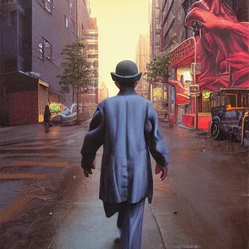 Prompt: a man walking through the lower east side, followed by strange figures he can only half - see. high quality high detail painting by david mattingly and ralph mcquarrie and richard corben, hd, realistic matte painting, photorealistic lighting, modern supernatural urban horror aesthetic.