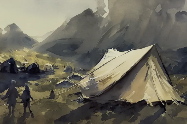 Image similar to small centered on white watercolor paper, paint brush strokes, abstract watercolor painting of nomad tent camp, scandinavia, smoke, midday sharp light, cinematic light, american romanticism by hans dahl, by jesper ejsing, by anders zorn, by greg rutkowski, by greg manchess, by tyler edlin
