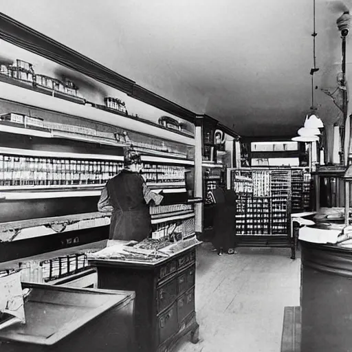 Image similar to the inside of a 1 9 2 8 grocery store with a national cash register from 1 9 0 4 on the desk. hyper - realistic, realistic photo