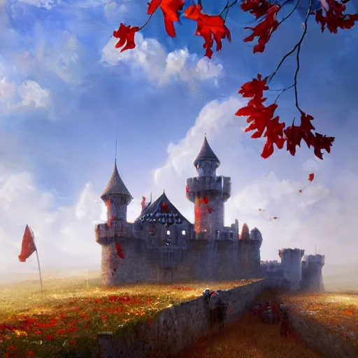 Image similar to A beautiful painting of a medieval castle made out of white and red marble, blue skies, flower petals in the air, autumn, by Greg Rutkowski, trending on artstation
