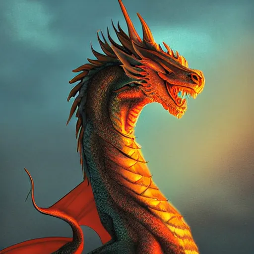 Image similar to dragon looking towards the sky at sunset, portrait, digital art, inspiring