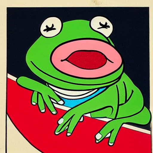 Prompt: ukiyo - e painting of the kermit the frog