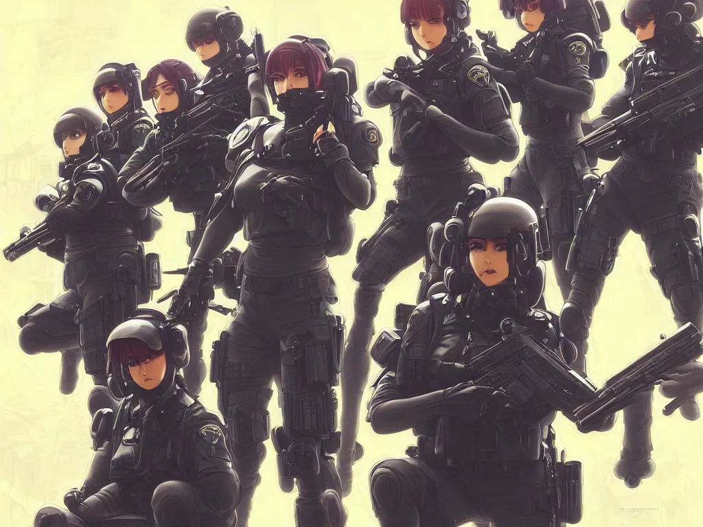 Prompt: anime key visual of a team of multiple female swat officer ready to attack, neon, cyberpunk, futuristic, stunning, highly detailed, digital painting, smooth, soft focus, illustration, movie poster, japanese typography, digital art from artstation by artgerm and greg rutkowski and alphonse mucha