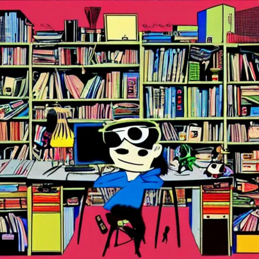 Prompt: goth nerd sitting at a computer in a cluttered room, by jamie hewlett, jamie hewlett art, gorillaz art aesthetic,