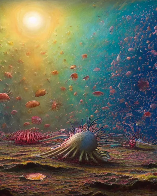 Image similar to A beautiful hyper realistic matte painting of darkfield microscopy krill Copepods Under Microscope by Justin Gerardof, John Howe, Albert Bierstadt, Alena, vivid color hues, Trending on artstation , opalescence, refraction, aesthetic plethora of ocean life precious Planktonia phytoplankton diatom protozoa