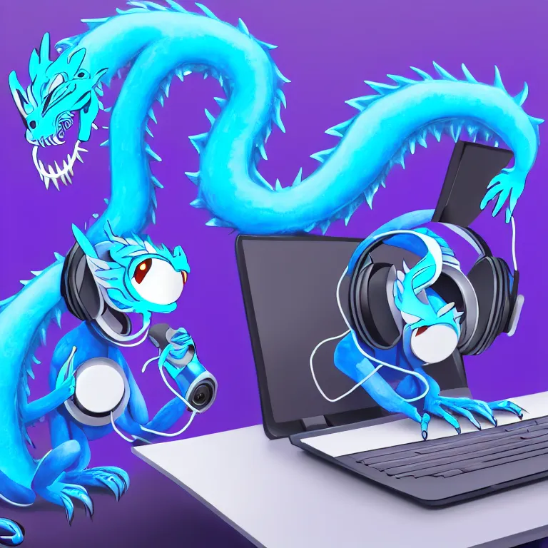 Prompt: an anthropomorphic male blue dragon making music on his laptops wearing headphones, deviantart, furry art, highly detailed, 8k