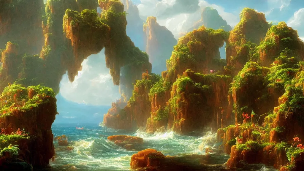 Image similar to very detailed and perfectly readable fine and soft relevant out of lines soft edges painting by beautiful walt disney animation films of the late 1 9 9 0 s and thomas cole in hd, we see an ocean world, nice lighting, perfect readability