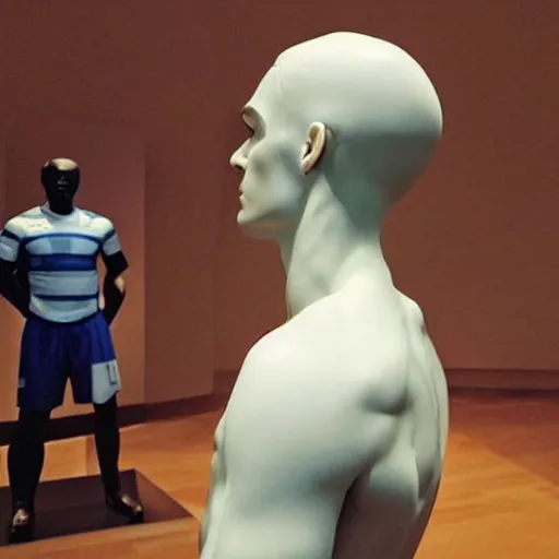 Image similar to “ a realistic detailed photo of a guy who is an attractive humanoid who is half robot and half humanoid, who is a male android, soccer player antoine griezmann, shiny skin, posing like a statue, blank stare, at the museum, on display ”