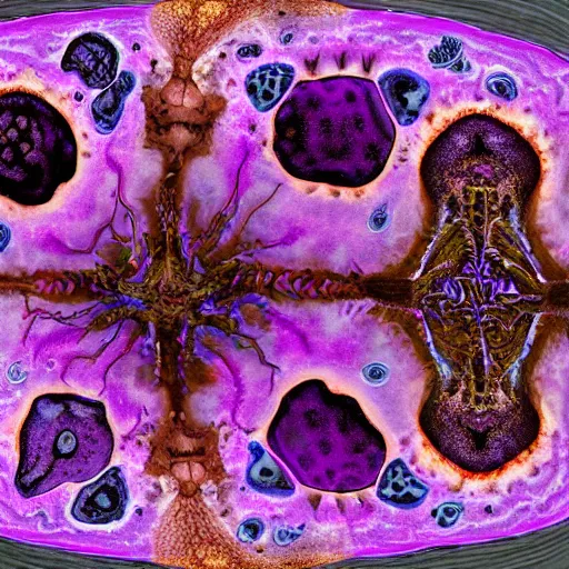 Image similar to a complex, elaborate organism descended from a segmented hydrazoan with six limbs and trilateral symmetry that occupies a fungus rich low gravity alien landscape with violet accented chemosynthetic flora, photorealistic graphic 3 5 mm lens